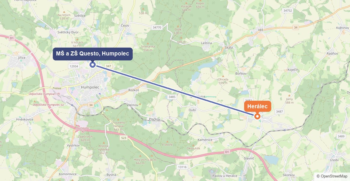 Mapa: Herálec a Mateřská škola a Základní škola Questo v Humpolci