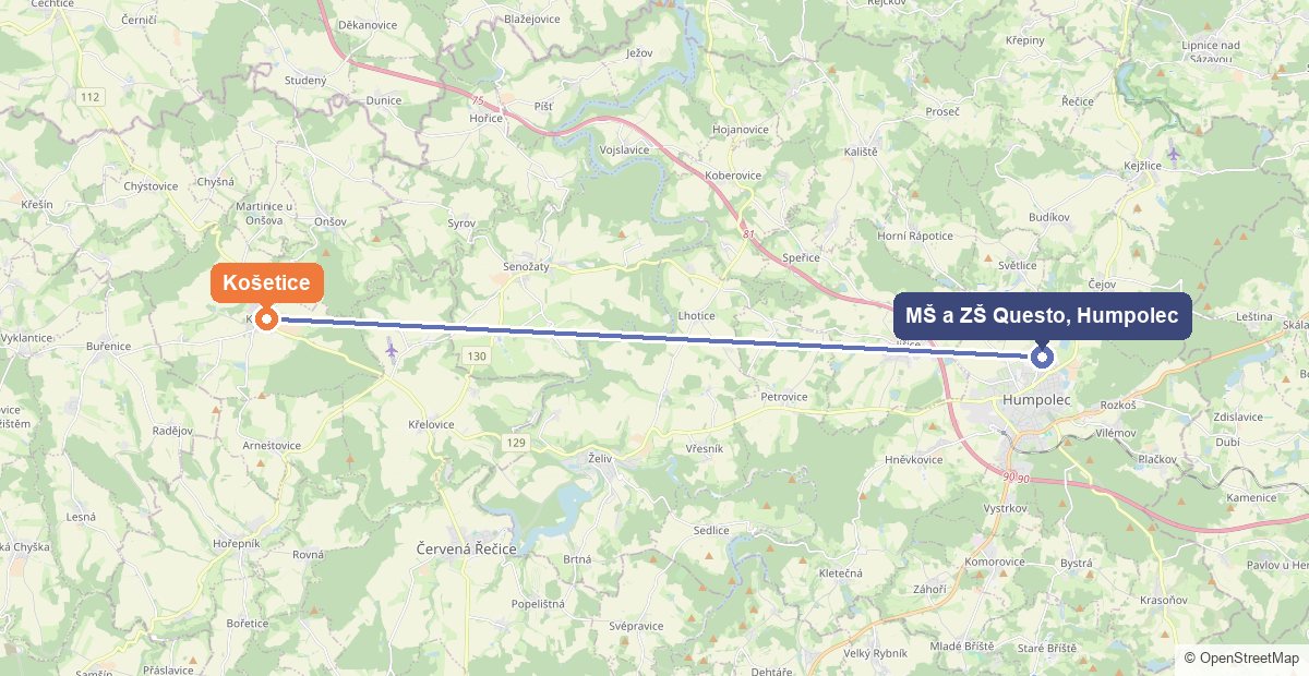 Mapa: Košetice a Mateřská škola a Základní škola Questo v Humpolci