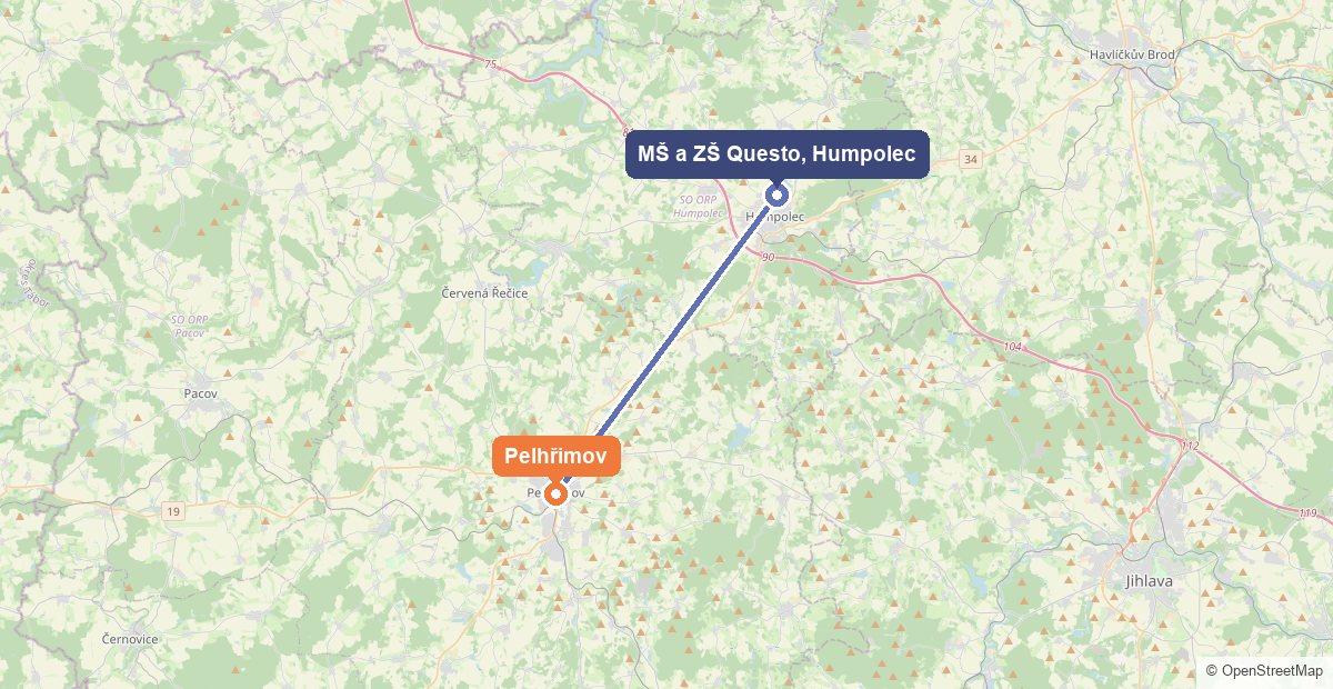 Mapa: Pelhřimov a Mateřská škola a Základní škola Questo v Humpolci