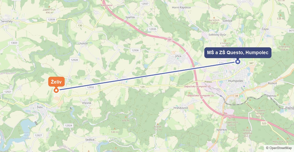 Mapa: Želiv a Mateřská škola a Základní škola Questo v Humpolci