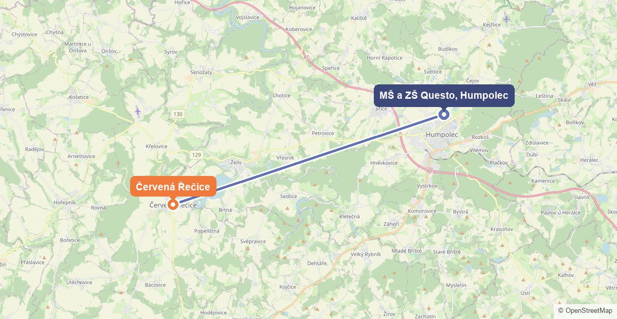 Mapa: Červená Řečice a Mateřská škola a Základní škola Questo v Humpolci