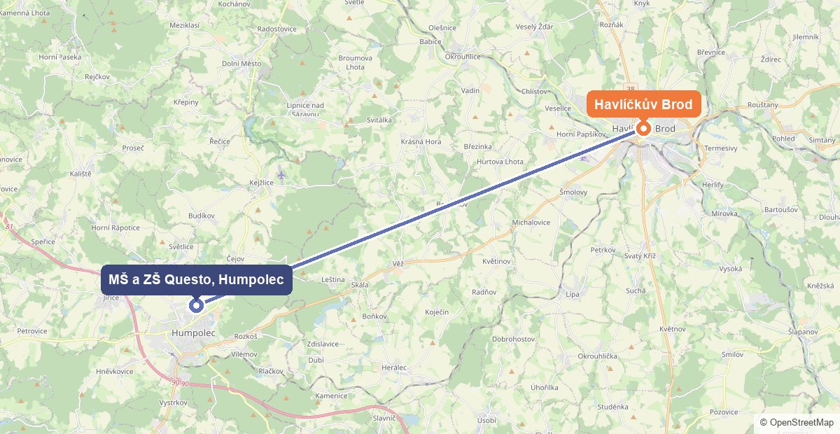 Mapa: Havlíčkův Brod a Mateřská škola a Základní škola Questo v Humpolci