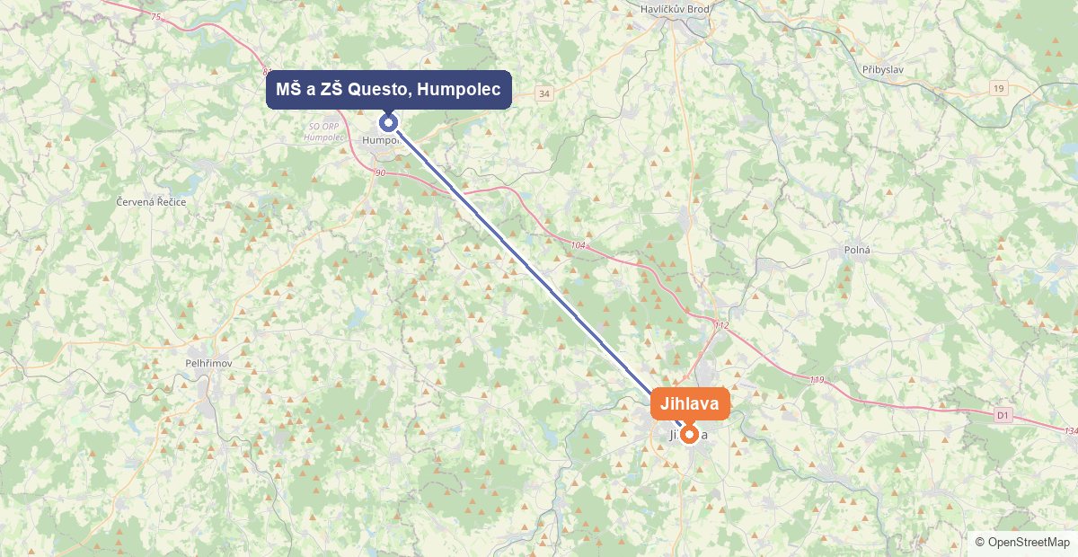 Mapa: Jihlava a Mateřská škola a Základní škola Questo v Humpolci