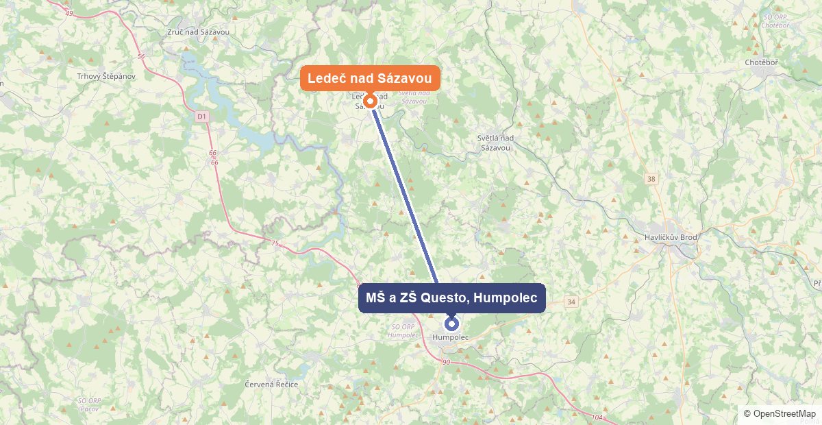 Mapa: Ledeč nad Sázavou a Mateřská škola a Základní škola Questo v Humpolci