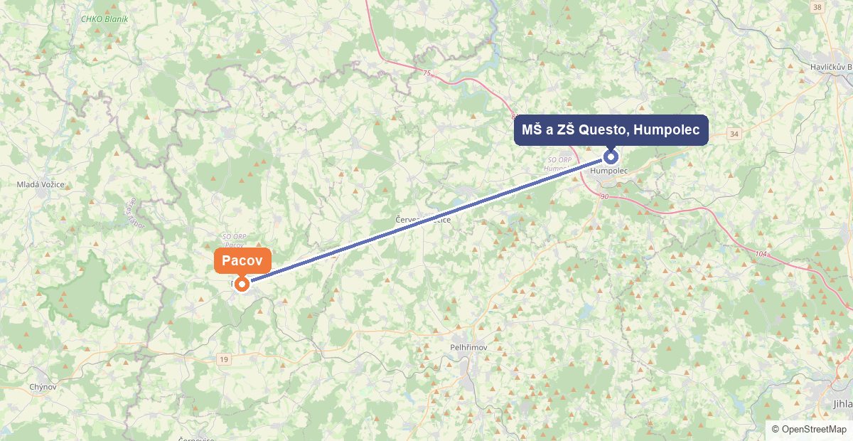 Mapa: Pacov a Mateřská škola a Základní škola Questo v Humpolci