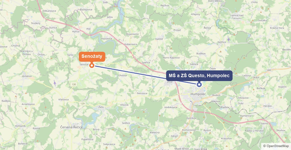 Mapa: Senožaty a Mateřská škola a Základní škola Questo v Humpolci